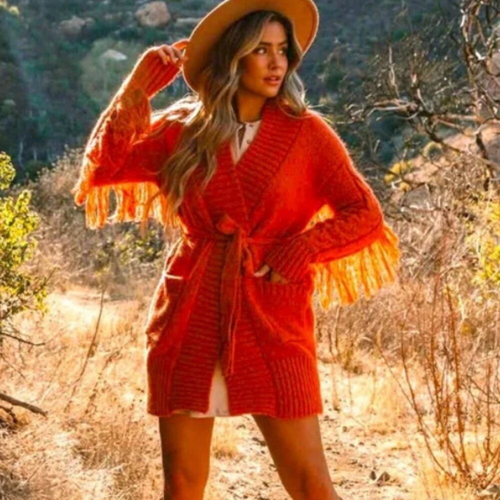 NWOT! VICI Anders Rust-Burnt Orange Fringe Cardigan Robe Sweater, Size Large